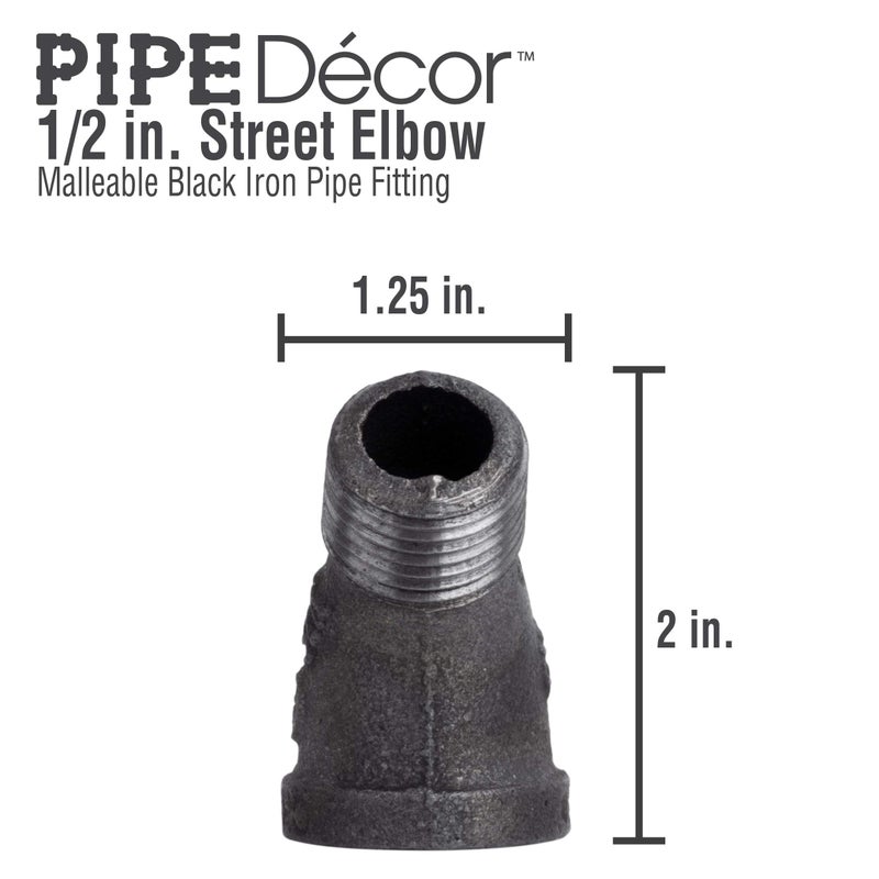 PIPE DECOR 1/2" Street Elbow 45 Degree Fitting, PIPE DECOR Black Malleable Iron Fittings Fit Standard 1/2 Inch Pipes, Nipples and Fittings, Regular Plumbing Applications and Vintage DIY Furniture, 8 Pack - Image 2